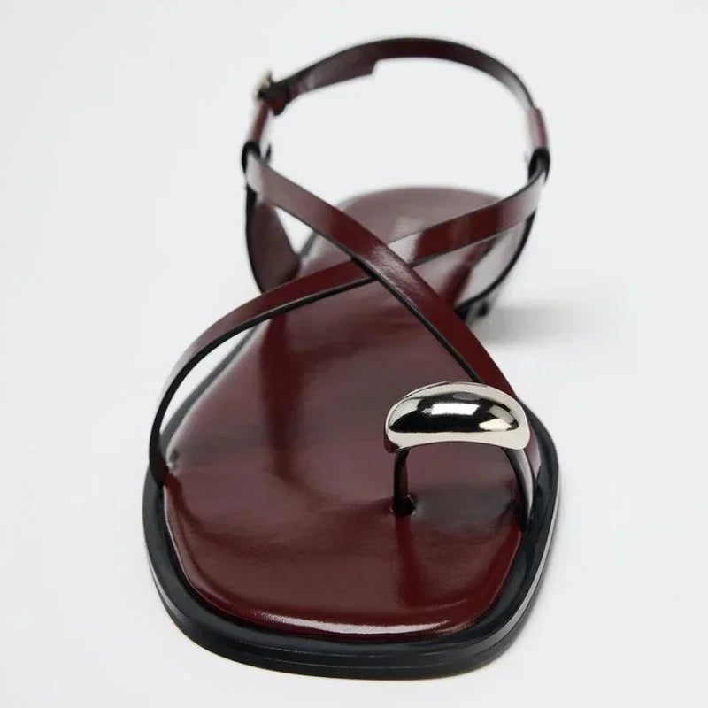 Crossed Strap Flat Sandal with Buckle